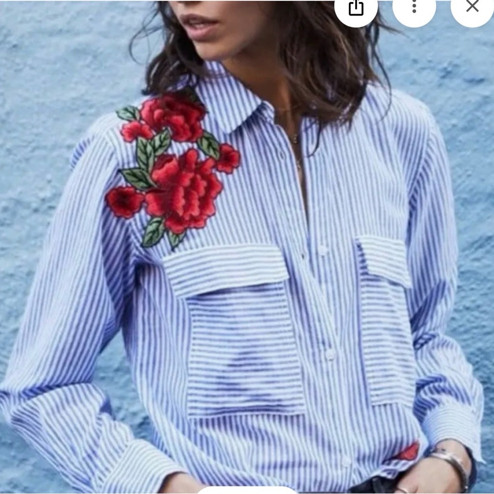 Rails Frances Banker Stripe Shirt S Blue White Red Floral Embroidered Patches